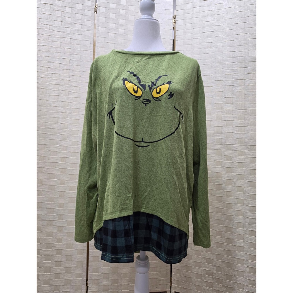 Misslook Green Grinch Graphic Layered Plaid Hem Top 2XL Holiday Long Sleeve
